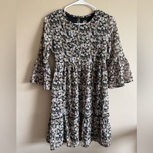 Floral Kids Girls Dress with Flutter Bell Sleeves, Size Large 10/12